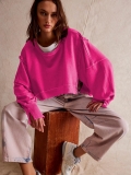 Women's Cropped Oversized Sweatshirt Polyester Lantern Sleeve Solid Color Round Neck Streetwear Pullover Fashion Top For Women Casual Wear