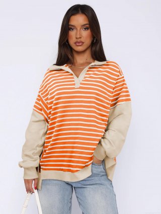 Women's Contrast Color Striped Long Sleeve Polo Sweatshirt Loose Fit Viscose Blend Pullover Side Split Casual Fashion Top Streetwear