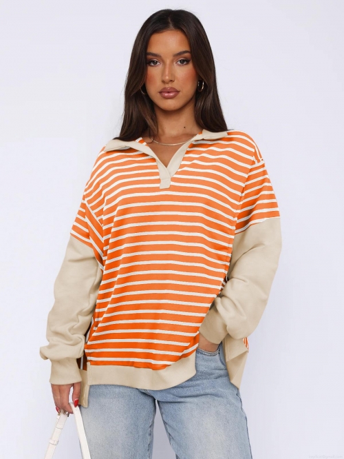 Women's Contrast Color Striped Long Sleeve Polo Sweatshirt Loose Fit Viscose Blend Pullover Side Split Casual Fashion Top Streetwear