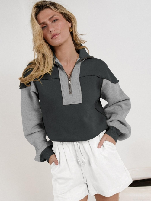 Women's Color Block Quarter-Zip Sweatshirt Polyester Blend Loose Fit Long Sleeve Contrast Stitching Pullover Top For Streetwear Casual Daily Wearing
