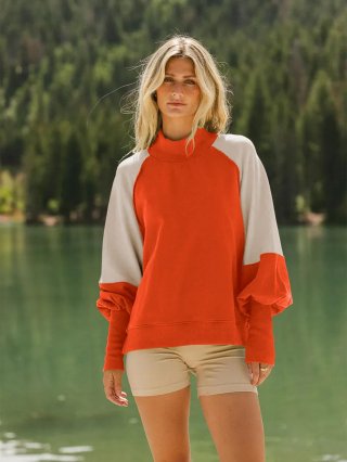 Women's Casual Color-Block Sweatshirt Mock Neck Lantern Sleeve Contrast Knit Pullover Top For Autumn Winter Streetwear Loose Fit Trendy Ladies Jumper