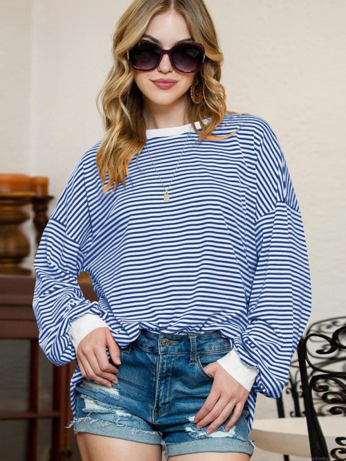 Women's Casual Viscose Striped Long Sleeve Sweatshirt Loose Fit Color Block Crew Neck Pullover Top Streetwear Fashion Autumn Spring Fashionable Striped T-Shirt