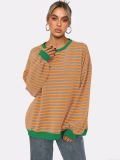 Women's Striped Oversized Sweatshirt Cotton Blend Long Sleeve Crewneck Pullover Streetwear Casual Contrast Color Lantern Sleeve Top