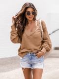 Women's Retro Waffle Knit Sweatshirt V-Neck Loose Fit Long Sleeve Pullover Top Casual Solid Color Soft Breathable Comfort Jumper For Daily Wear Women Spring Autumn Winter