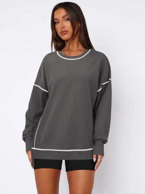 Women's Loose Viscose Sweatshirt Contrast Stitching Round Neck Long Sleeve Side Split Pullover Casual Contrast Color Top For Women