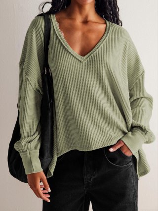 Women's Casual Waffle Knit Sweatshirt V Neck Long Sleeve Loose Oversized Pullover Top Fall Winter Fashion Solid Color Soft Comfortable Jumper Women