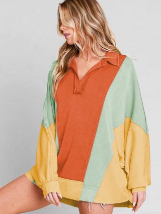 Women's Casual Color Block Polo Collar Sweatshirt Loose Patchwork Long Sleeve Pullover Tops Streetwear Comfortable Cotton Blend Autumn Winter Shirt