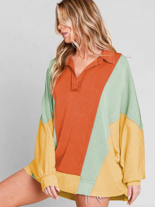 Women's Casual Color Block Polo Collar Sweatshirt Loose Patchwork Long Sleeve Pullover Tops Streetwear Comfortable Cotton Blend Autumn Winter Shirt