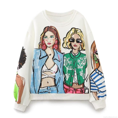 Women Fashion Illustration Print Sweatshirt Polyester Cotton Blend Long Sleeve Crew Neck Loose Fit Winter Casual Pullover Top