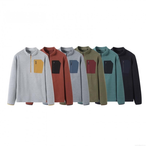 Women's Casual Half Zip Fleece Sweatshirt Wave Pattern Long Sleeve Outdoor Hiking Stand Collar Pullover Warm Contrast Pocket Top