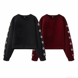 Women's Punk Style Long Sleeve Cropped Sweatshirt With Metal Grommets Eyelets Detail Round Neck Pullover Streetwear Acrylic Knit Top Black Wine Red