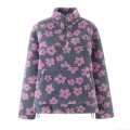 Women Floral Lamb Wool Fleece Sweatshirt Half Zip Stand Collar Pullover Autumn Winter Warm Casual Streetwear Long Sleeve Top Jacket