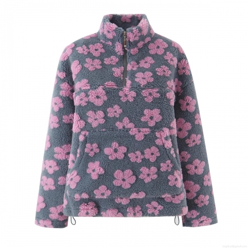 Women Floral Lamb Wool Fleece Sweatshirt Half Zip Stand Collar Pullover Autumn Winter Warm Casual Streetwear Long Sleeve Top Jacket