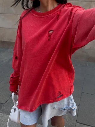 Women's Oversized Distressed Sweatshirt Cotton Pullover Long Sleeve Streetwear Top With Destroyed Details For Autumn Spring Fashion