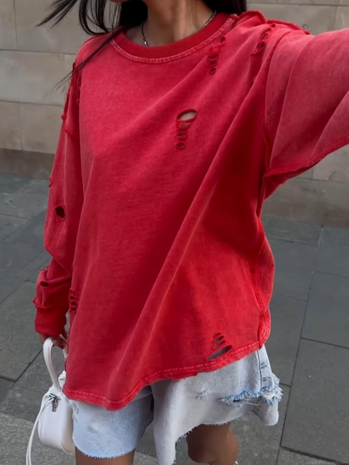 Women's Oversized Distressed Sweatshirt Cotton Pullover Long Sleeve Streetwear Top With Destroyed Details For Autumn Spring Fashion