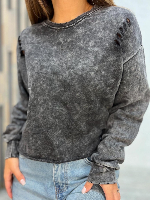 Women's Acid Wash Distressed Sweatshirt Cotton Blend Long Sleeve Crewneck Pullover With Ripped Details Casual Oversized Streetwear Autumn Top