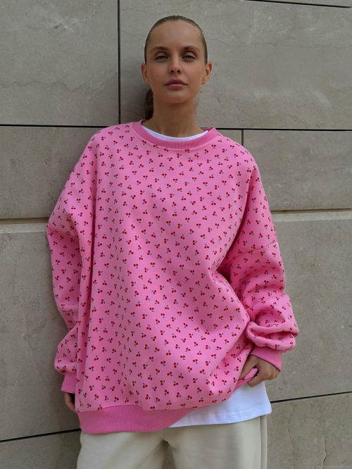Women's Cherry Print Sweatshirt Cotton Blend Loose Fit Crew Neck Long Sleeve Pullover Casual Streetwear Autumn Winter Fashion Tops
