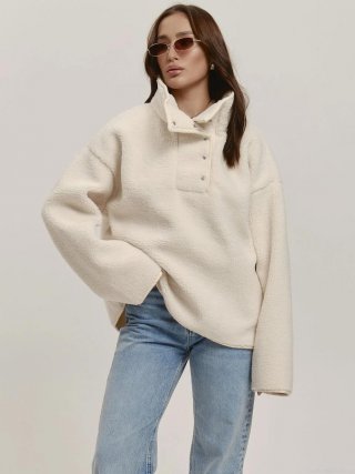 Women Oversized Sherpa Fleece Pullover High Neck Stand Collar Sweatshirt With Buttons Long Sleeve Solid Color Warm Heavyweight Autumn Winter Streetwear Top