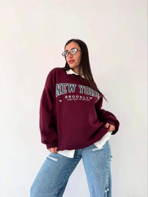 Women's American Retro Letter Print Sweatshirt 95% Cotton Loose Fit Crew Neck Long Sleeve Pullover New York Brooklyn Graphic Streetwear Daily Casual Jumper Tops