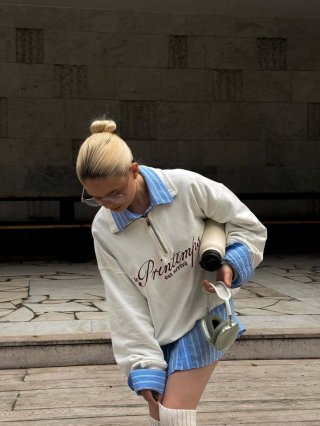 Women's American Vintage Half Zip Sweatshirt 100% Cotton Letter Print Loose Fit Long Sleeve Top Streetwear Spring Autumn Casual Pullover