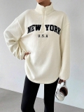 Women's Oversized Polar Fleece Sweatshirt Cotton Blend Letter Embroidery Quarter Zipper Stand Collar Long Sleeve Pullover Streetwear Casual Warm Top
