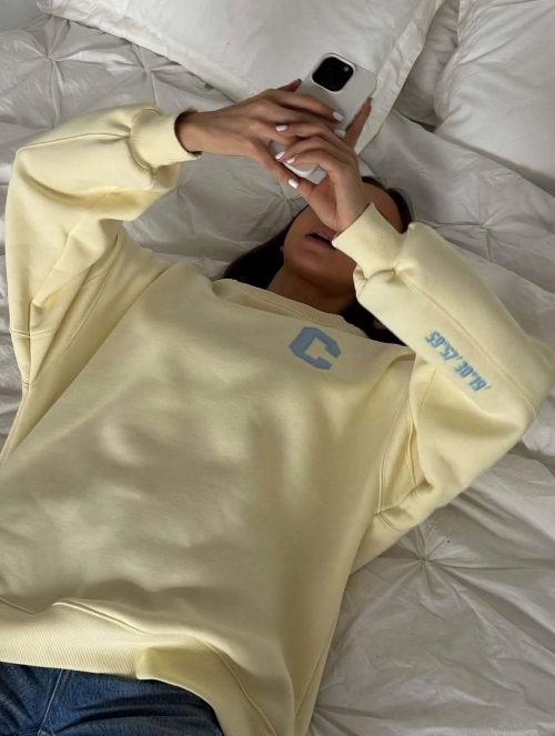 Women's 100% Cotton Sweatshirt Round Neck Long Sleeve Varsity Letter C Patch Oversized Loose Drop Shoulder Pullover Casual Fall Winter Streetwear Top