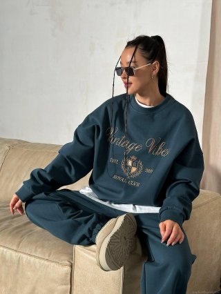 Women's Vintage Letter Embroidery Round Neck Sweatshirt 100% Cotton Fleece Maillard Style Loose Casual Sporty Long Sleeve Warm Top