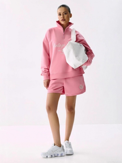 Women's 100% Cotton Half-Zipper Sweatshirt Retro Vintage Vibes Letter Embroidery Loose Long Sleeve Sporty Casual Pullover Top Jacket