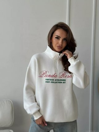 Women's Vintage Athleisure Half-Zip Sweatshirt 100% Cotton Letter Print Long Sleeve Loose Pullover Top White Panda Rosa Design