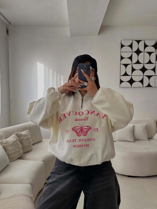 Women's American Vintage Stand Collar Half Zip Sweatshirt 100% Cotton Heavyweight Butterfly Letter Print Loose Long Sleeve Streetwear Top