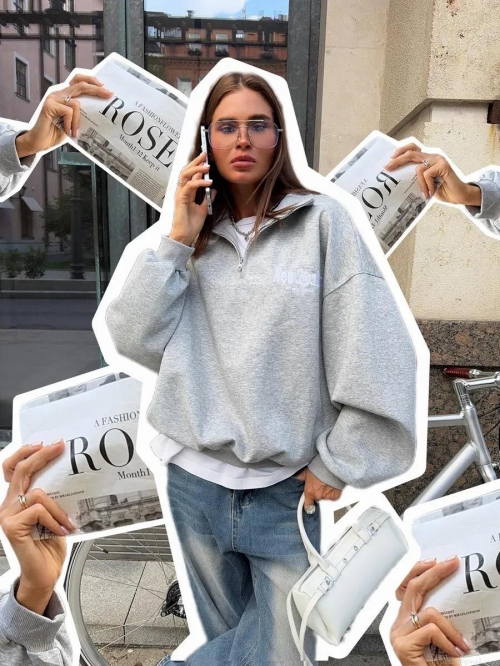 Women's Casual 100% Cotton Grey Half-zipper Stand Collar Sweatshirt Loose Drop Shoulder Streetwear Pullover With New York Embroidery Jacket