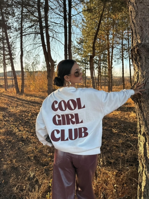 Women's Oversized 100% Cotton Sweatshirt Retro Streetwear Cool Girl Club Letter Print Pullover Vintage Long Sleeve Round Neck Casual Sporty White Top