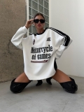 Women's Oversized 100% Cotton Sweatshirt Racing Style Color Block Letter Print Drop Shoulder Round Neck Streetwear Casual Pullover Tops