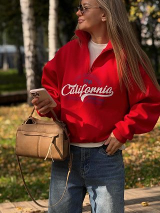 Women's Half-Zip Lapel Sweatshirt Cotton California Letter Print Loose Oversized Long Sleeve Retro American College Style Pullover Top for Autumn Winter