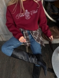 Women's Retro Fabu Club Letter Print Round Neck Sweatshirt Cotton Blend Long Sleeve Loose Fit Casual Sporty Varsity Pullover Streetwear Top