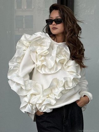 Women's Sweet Ruffle Long Sleeve Sweatshirt Elegant Heart Shape Satin Patchwork Pullover Casual Round Neck Loose Knit Top