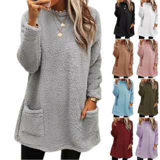 Women's Casual Sherpa Fleece Sweatshirt Long Sleeve Pocket Cotton Blend Pullover Warm Loose Fit Solid Color Autumn Winter Top Clothing