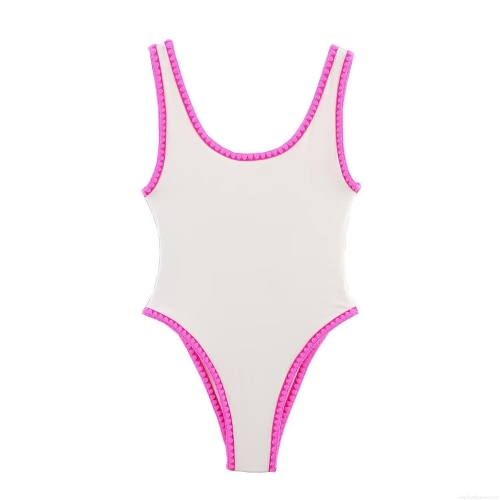 Women's One Piece Swimsuit Bodysuit With Pink Crochet Wavy Trim U Neck Backless Strappy Slim Fit Polyester Swimwear For Beach Vacation