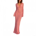 Women's Sexy Crochet Hollow Out Beach Cover-Up Dress Solid Color V-Neck Long Sleeve Maxi Sunscreen Knit Swimsuit Coverup With Pearl Buttons Vacation Holiday Summerwear