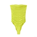 Women Sexy One Piece Swimsuit Neon Green Ruched Backless Strapless Tube Top 100% Polyester Bodysuit For Summer Beach Pool Party Vacation
