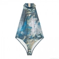 Women's Metallic Halter Neck One-Piece Swimsuit Sexy Backless High Cut Bodysuit Marble Galaxy Print Beachwear Summer Bathing Suit Costume