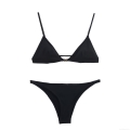 Women's Sexy Black Triangle Bikini Set Two Piece Swimsuit With Gold Metal Buckle Polyester Spandex Solid Color Beachwear For Vacation Swimming