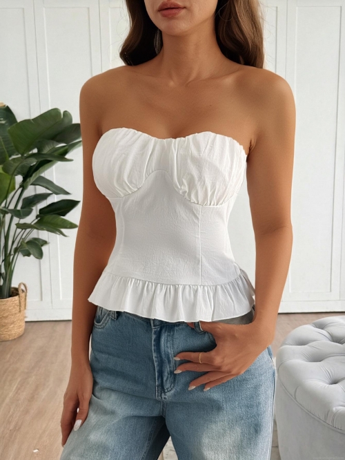 Women's Sexy Y2K Strapless Tube Top Ruched Peplum Hem Polyester Spandex Solid White Summer Crop Top Sleeveless Shirt Party Vacation