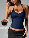 Women's Halter Neck Tank Top Polyamide Elastane V Neck Sexy Ribbed Yoga Camisole With Built-In Chest Pads Sleeveless Backless Summer Slim Fit Tops