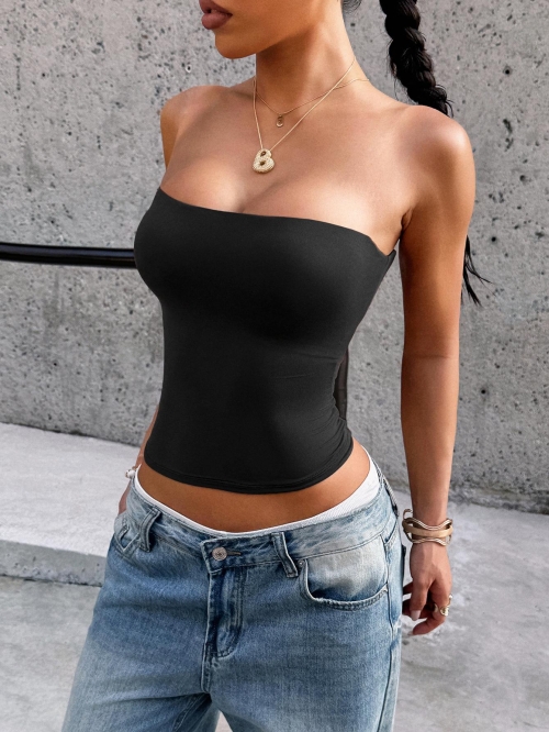 Women's Y2K Sexy Slim Fit Tube Top Strapless 77% Polyamide 23% Elastane Tank Top For Summer Party Clubwear Solid Color Sleeveless Crop Top