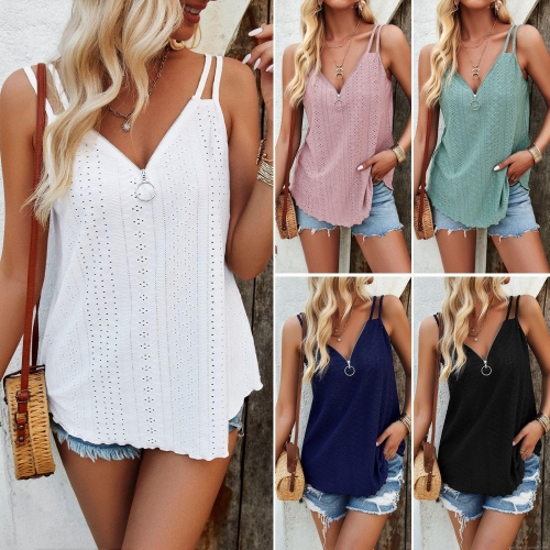 Women's Hollow Out V-Neck Tank Top Polyester Elastane Cami With Front Zipper Detail Sleeveless Casual Eyelet Top For Summer Vacation