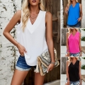 Women's Casual V-Neck Sleeveless Chiffon Top Elegant Solid Color Loose Office Blouse Summer Tank Top For Women
