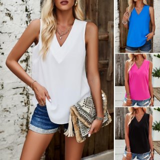 Women's Casual V-Neck Sleeveless Chiffon Top Elegant Solid Color Loose Office Blouse Summer Tank Top For Women
