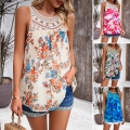 Polyester Lace Women Summer Sleeveless Round Neck Floral Print Hollow Out Loose Blouse Top Casual Elegant Commuter Vacation Beachwear Shirt For Women