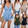 Women's Sexy Lace Patchwork Cami Top V Neck Multi Layer Ruffle Peplum Tank Top Viscose Summer Beach Vacation Sleeveless Top For Women